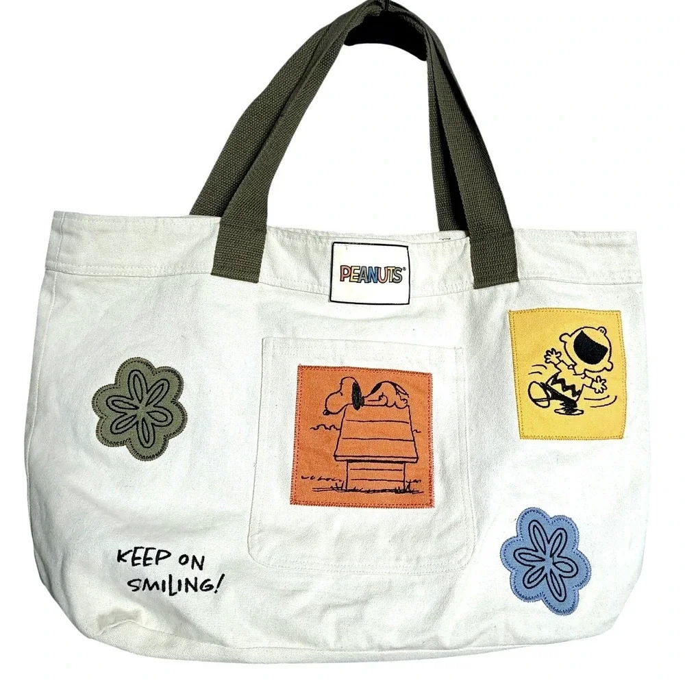Samii Ryan Peanuts Tote Bag Cream Canvas Snoopy Woodstock Charlie Brown Patch